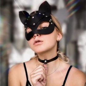 Half Face Fox Cosplay Mask Female Leather Mask Eye Cosplay Leather Halloween Party PU Half Face Rabbit Mask Adult Game Supplies (Color: black)